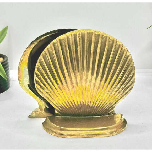 Vintage Brass Shell Bookends Pair Nautical Coastal Decor - Picture 2 of 7